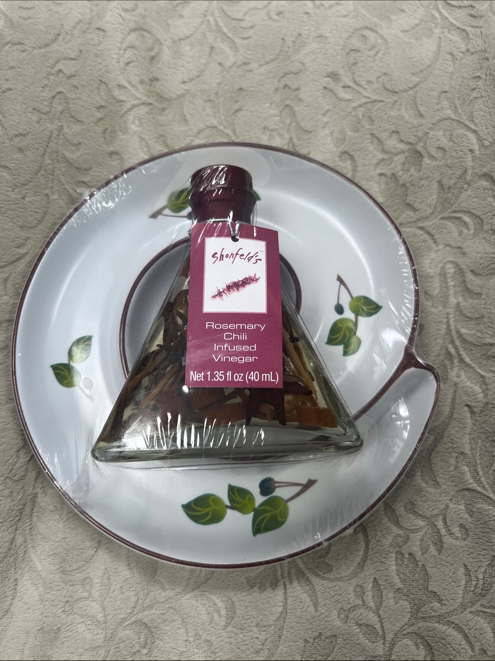 Shonfeld's Rosemary Chili Infused Vinegar - Decorative Bottle with Dish